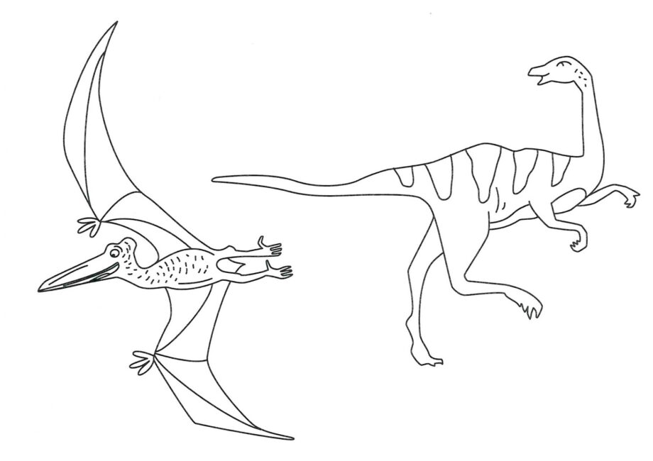 Ausmalbild von Gallimimus und Pterodaktylus